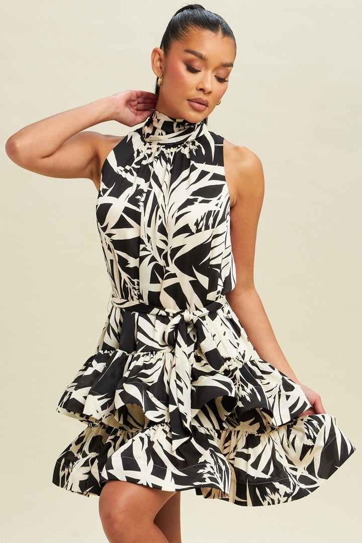 PALM HALTER COCKTAIL DRESS