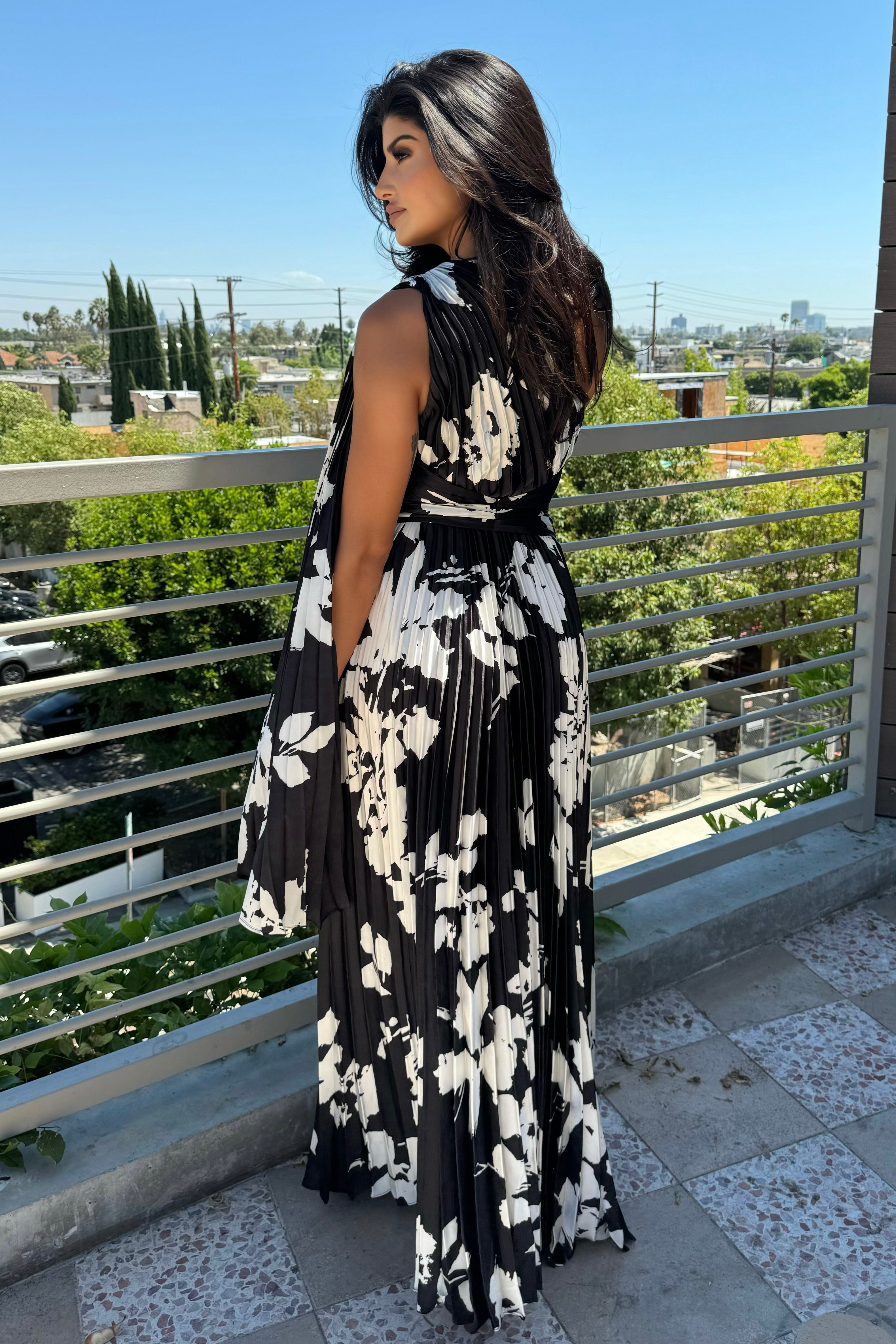 FLORAL PLEATED EVENING DRESS