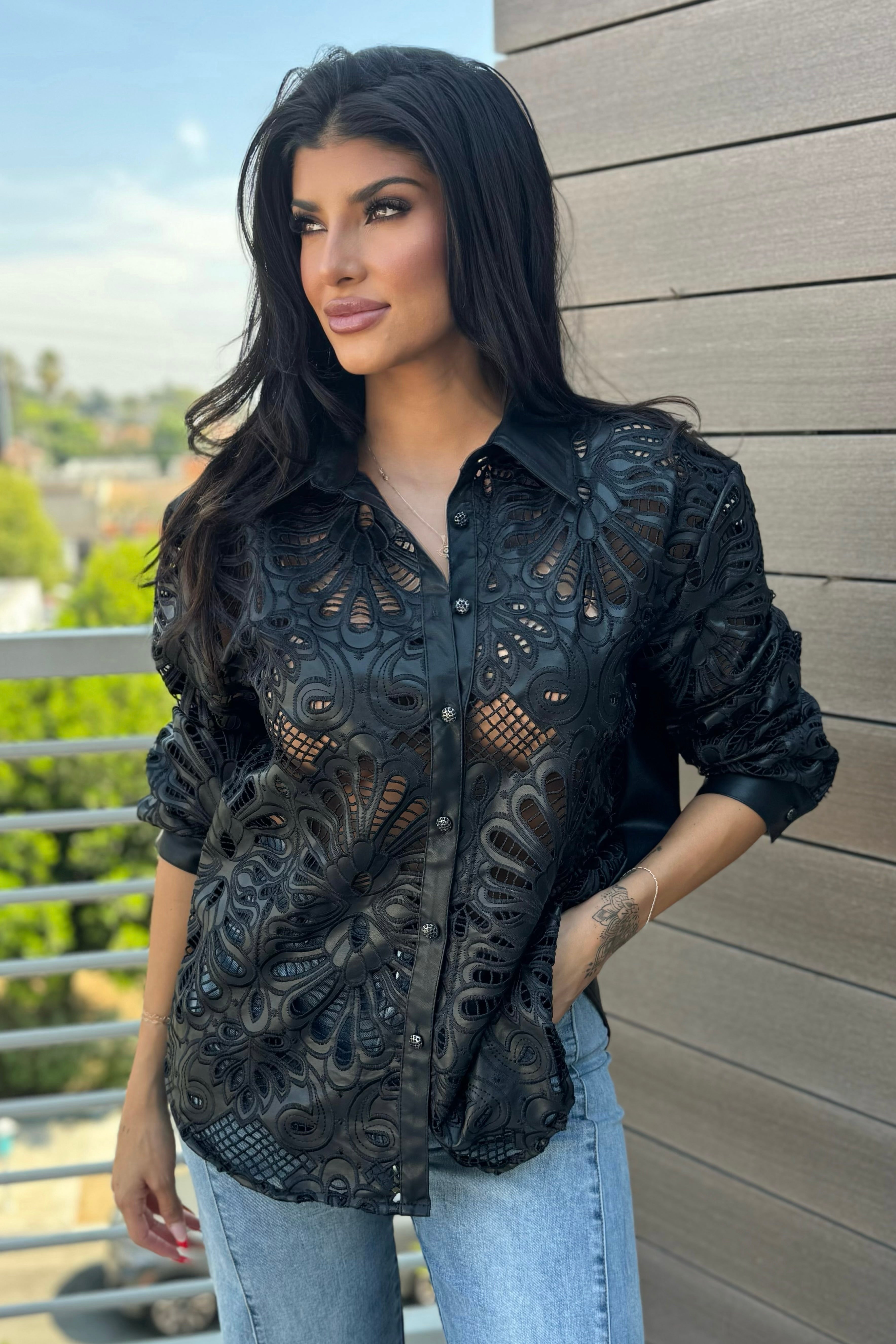 LACE DESIGN VEGAN LEATHER SHIRT