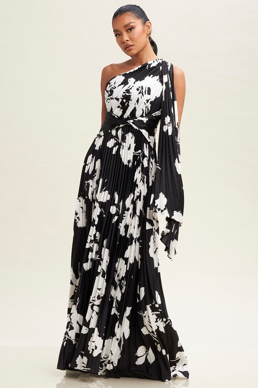 FLORAL PLEATED EVENING DRESS