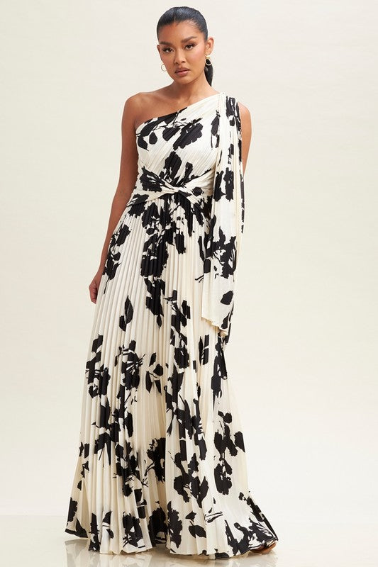 FLORAL PLEATED EVENING DRESS