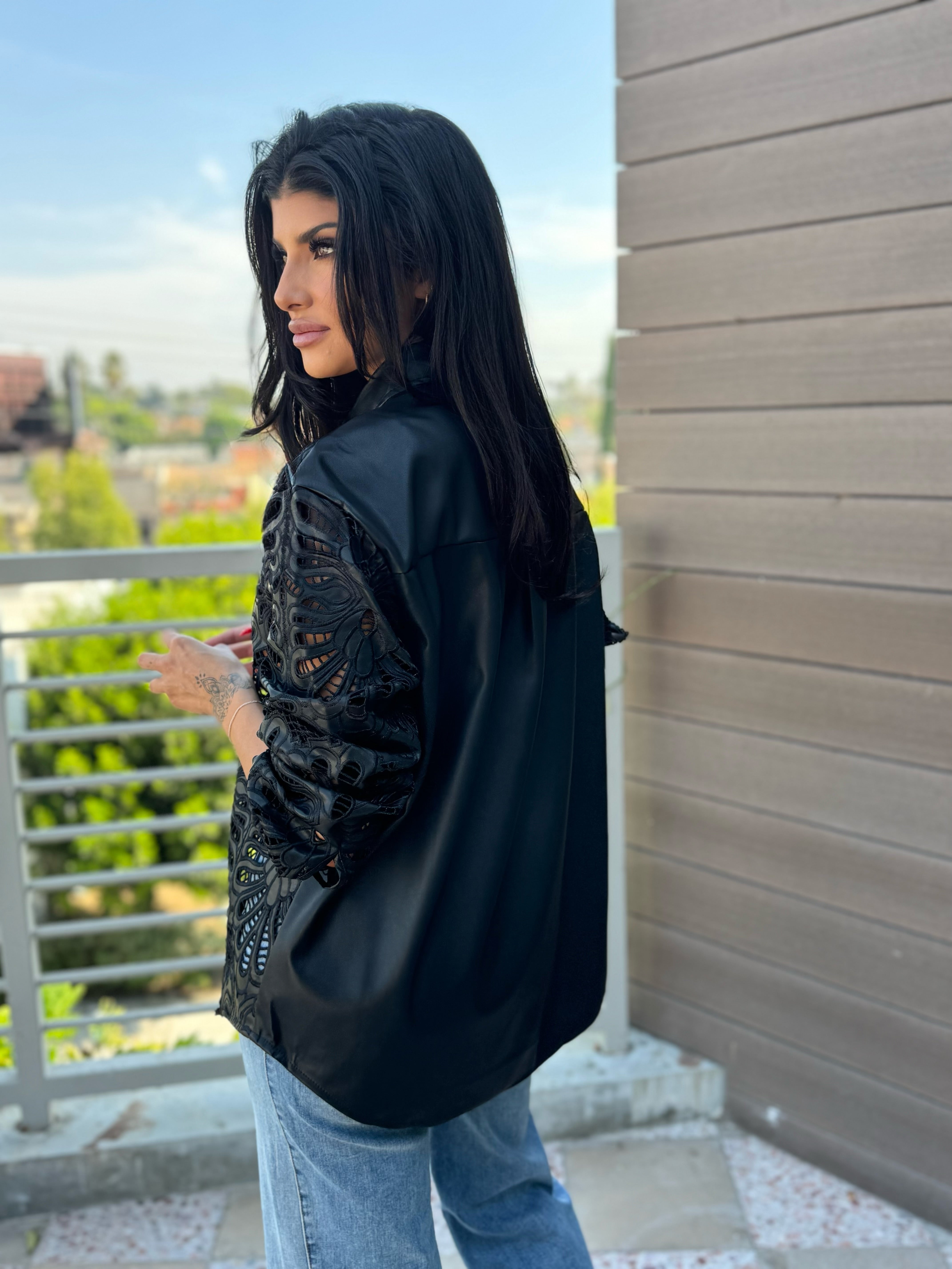 LACE DESIGN VEGAN LEATHER SHIRT