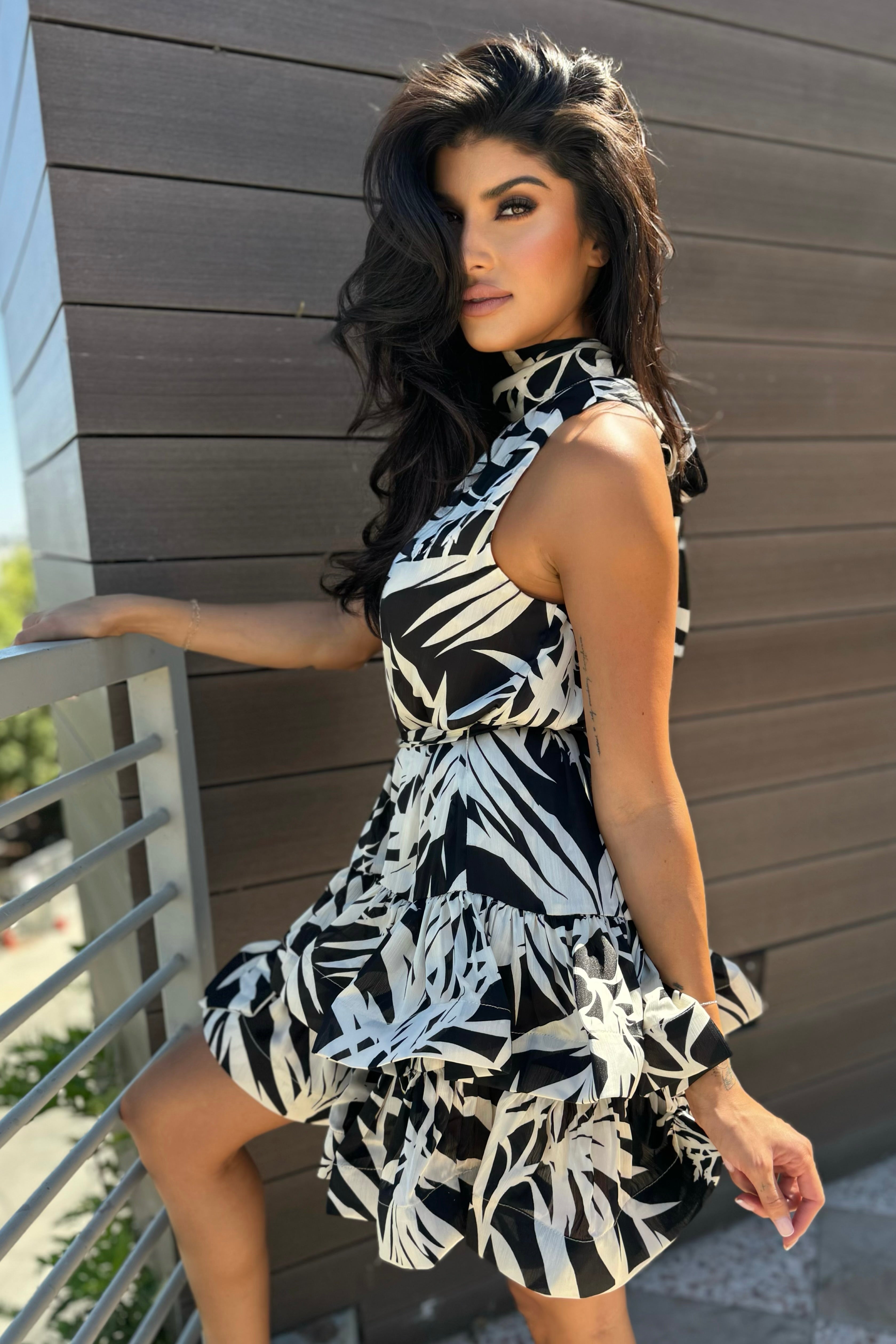 PALM HALTER COCKTAIL DRESS