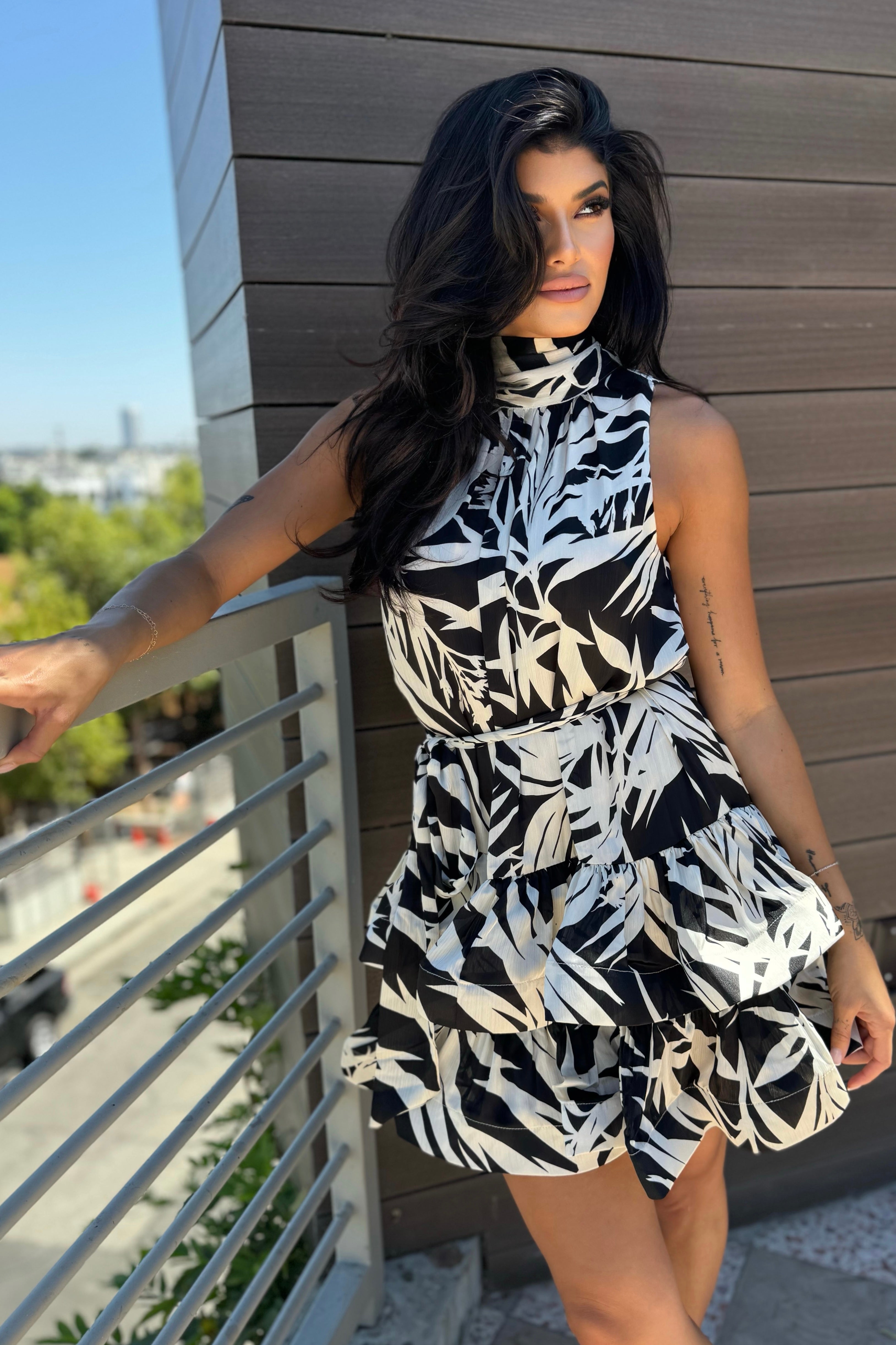 PALM HALTER COCKTAIL DRESS