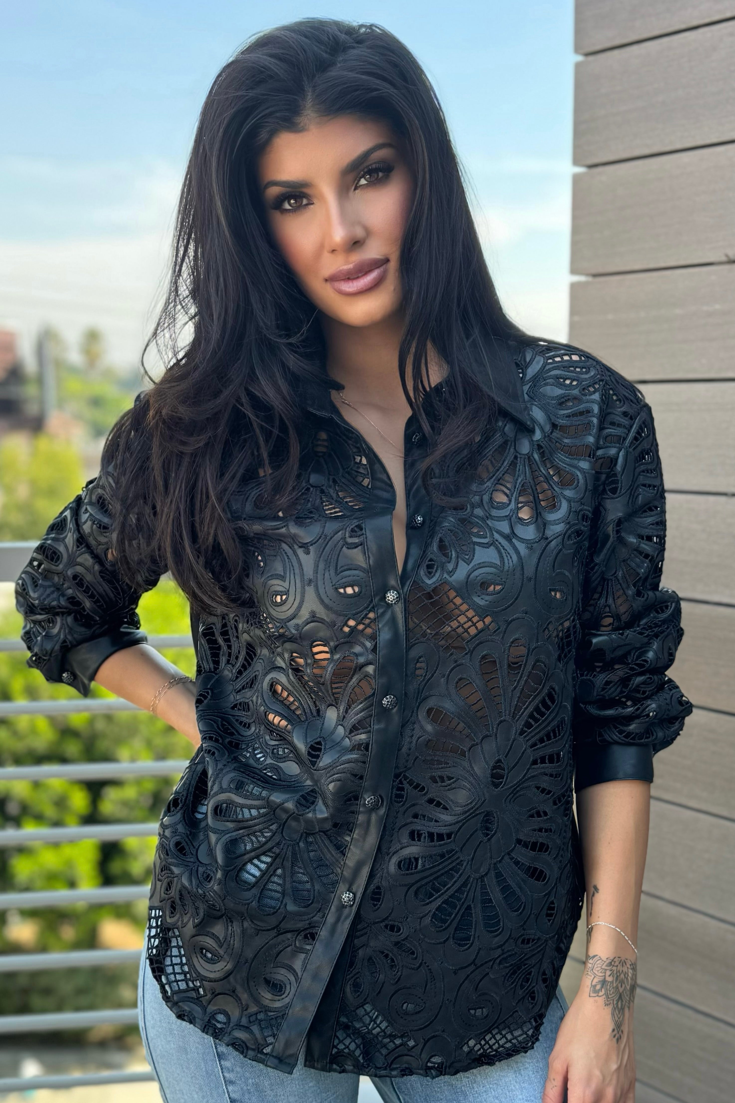 LACE DESIGN VEGAN LEATHER SHIRT