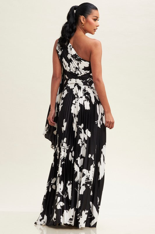 FLORAL PLEATED EVENING DRESS