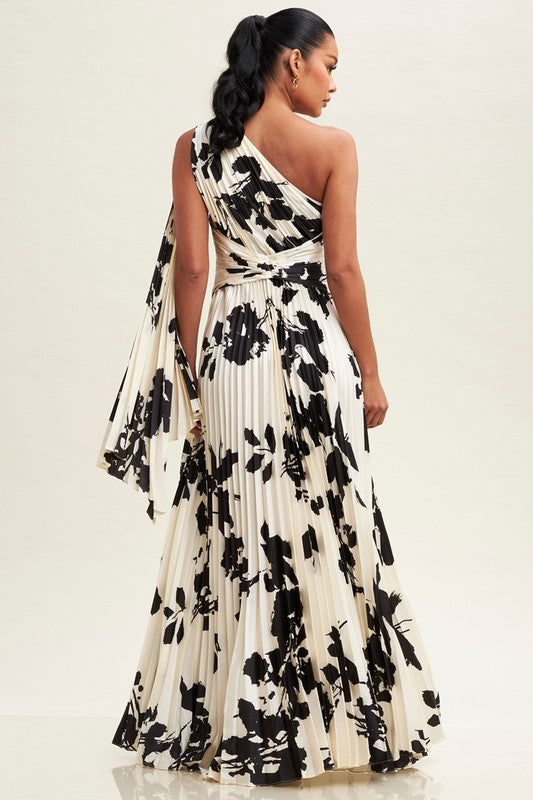 FLORAL PLEATED EVENING DRESS